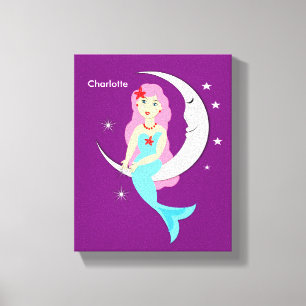 Pretty Mermaid On The Moon Personalised Canvas Print