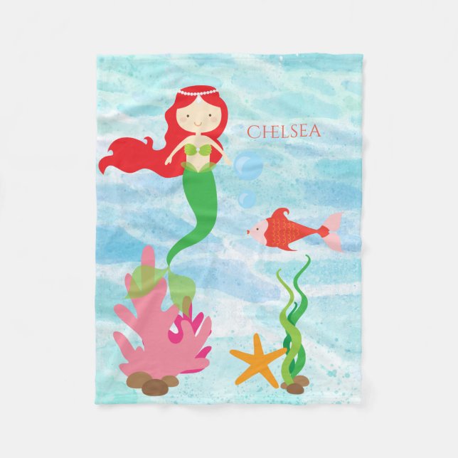 Pretty Mermaid Personalised Fleece Baby Blanket (Front)