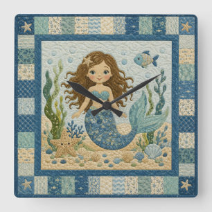 Pretty Mermaid Quilt Square Wall Clock