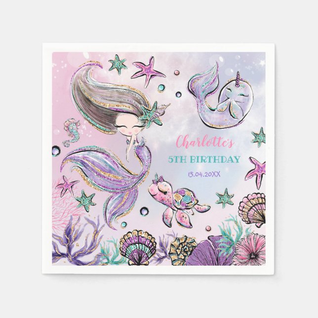 Pretty Mermaid Sea Turtle Narwhal Birthday Girl Napkin (Front)