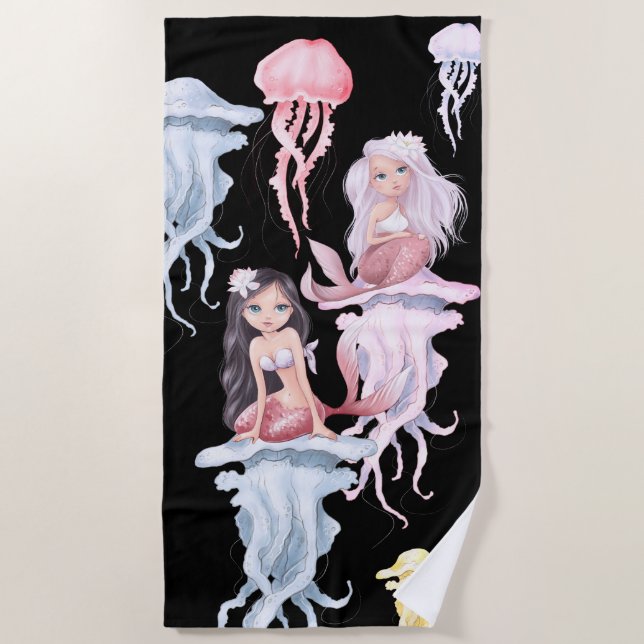 Pretty Mermaids and Jellyfish Under the Sea Beach Towel (Front)