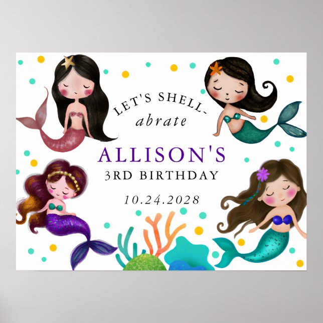 Pretty Mermaids Under the Sea Girls Birthday Poster (Front)