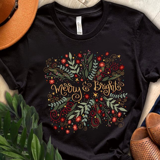 Pretty Merry and Bright Floral Christmas Holiday T-Shirt (Creator Uploaded)