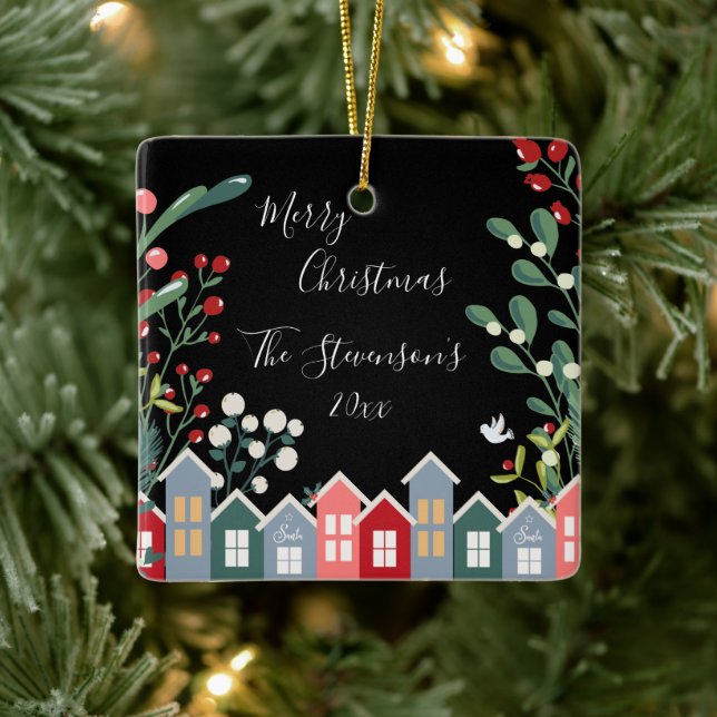 Pretty Merry Christmas Personalised Name Floral Ceramic Ornament (Tree)