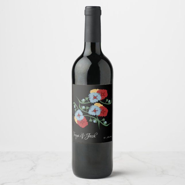 Pretty Mexican Botanical Floral Greenery Red Blue Wine Label (Front)