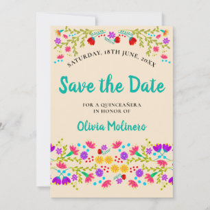 Pretty Mexican Fiesta Floral Champagne and Green Save The Date