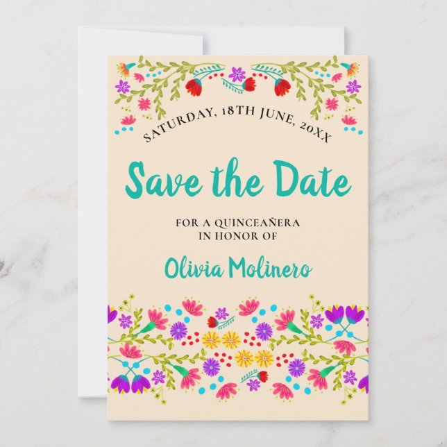 Pretty Mexican Fiesta Floral Champagne and Green Save The Date (Front)