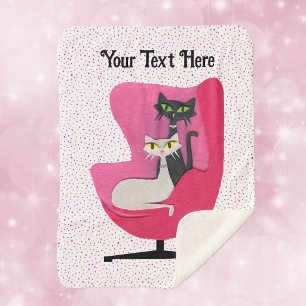 Pretty Mid Century Cats Diamond Collars Pink Chair Sherpa Blanket