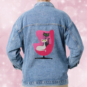 Pretty Mid Century Cats in Pink vintage Chair  Denim Jacket