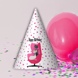 Pretty Mid Century Cats Pink Chair Polka Dots Party Hat