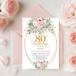 Pretty Minimal Blush Floral 80th Birthday Invite