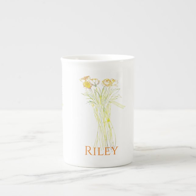 Pretty Minimal Modern Flower Outline For Women  Bone China Mug (Front)