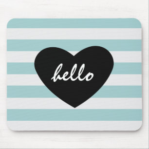 Pretty Mint and White Stripes Hello Heart Mouse Mat