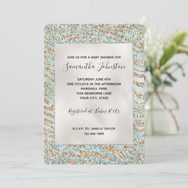 Pretty Mint Glitzy Gold Zebra Glitter Invitation (Standing Front)