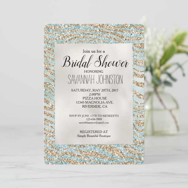 Pretty Mint Glitzy Sparkle Gold Zebra Glitter Invitation (Standing Front)