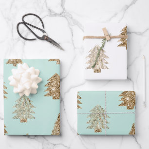Pretty Mint Gold Glitter Glam Christmas Trees Wrapping Paper Sheet