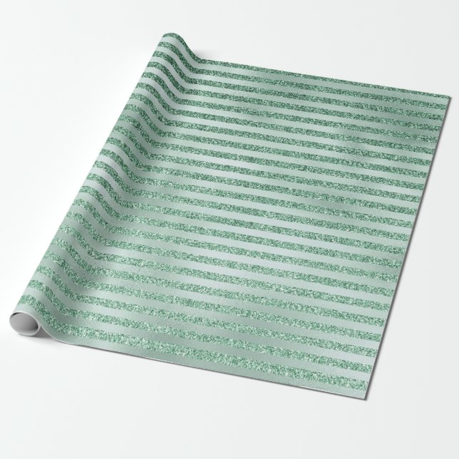 Pretty Mint Green Glitter Ombre Stripes Wrapping Paper (Unrolled)