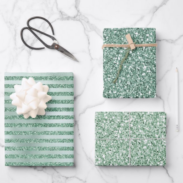 Pretty Mint Green Glitter Ombre Stripes       Wrapping Paper Sheet (Front)