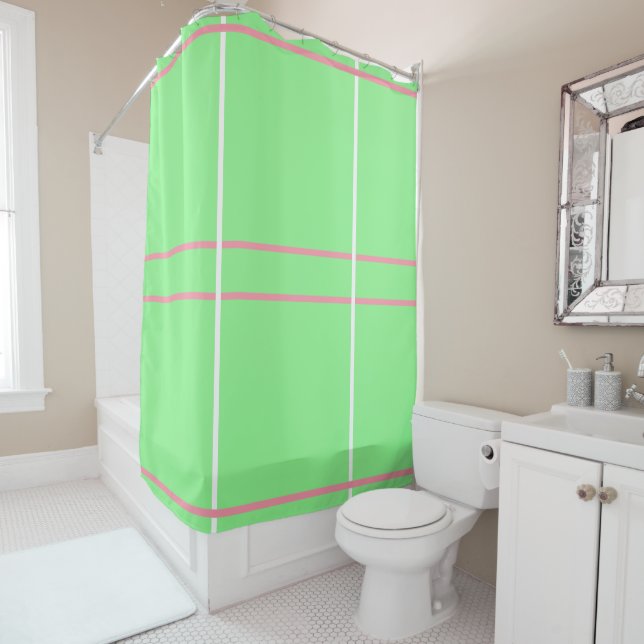 Pretty Mint Green Pink White Geometric Lines Shower Curtain (In Situ)