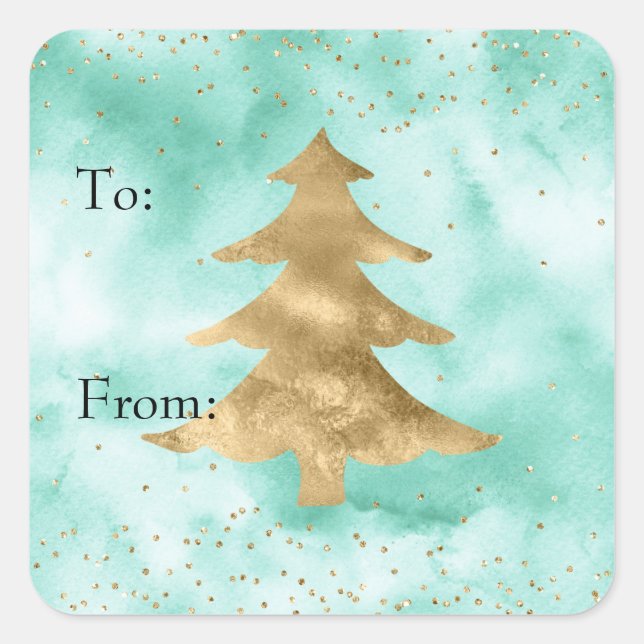 Pretty Mint Green Watercolor Gold Christmas Tree   Square Sticker (Front)