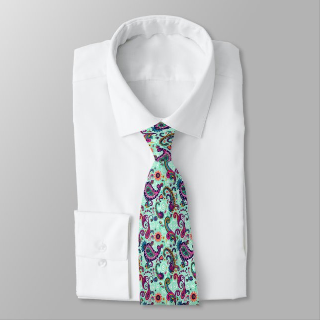 Pretty Mint Paisley Tie (Tied)