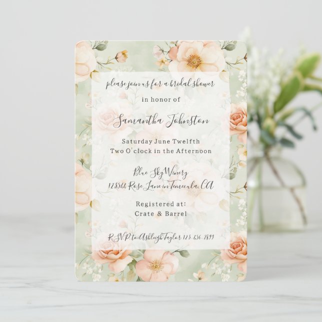 Pretty Mint Peach Floral Bridal Shower Invitation (Standing Front)