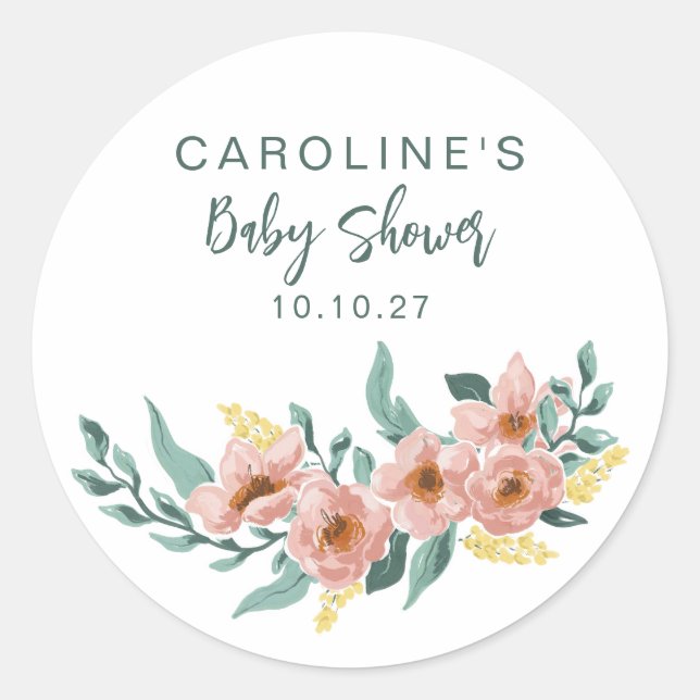 Pretty Mint Sage Blush Floral Custom Baby Shower Classic Round Sticker (Front)