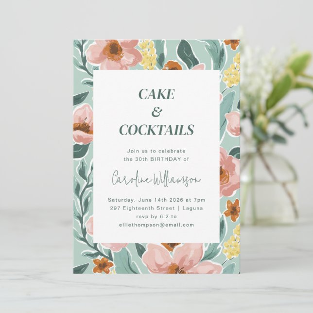 Pretty Mint Sage Blush Pink Floral Birthday Party Invitation (Standing Front)