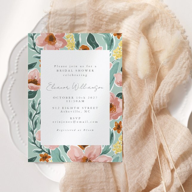 Pretty Mint Sage Blush Pink Floral Bridal Shower Invitation (Creator Uploaded)