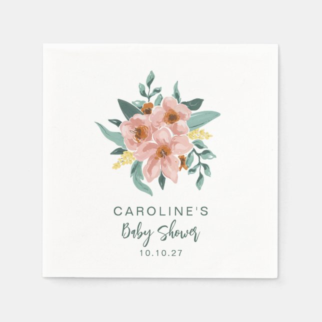 Pretty Mint Sage Pink Floral Custom Baby Shower Napkin (Front)