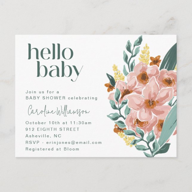 Pretty Mint Sage Pink Floral Hello Baby Shower Postcard (Front)