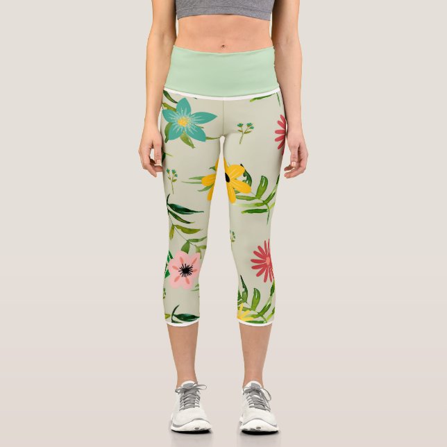 Pretty Mixed Flowers & Colours Capri Leggings (Front)