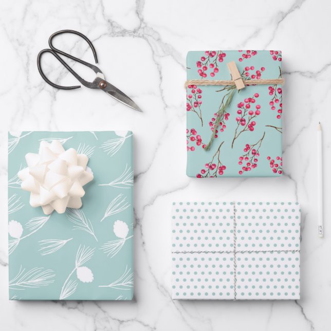 Pretty Modern Blue Winter Trio Wrapping Paper Sheet (Front)