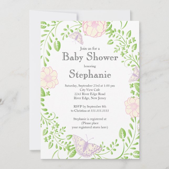 Pretty Modern Butterfly Floral Girl Baby Shower Invitation (Front)