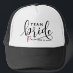 Pretty Modern Calligraphy Team Bride Custom Trucker Hat<br><div class="desc">Team bride trucker hat featuring black modern calligraphy and red heart. This will be perfect for bridal showers,  bachelorette parties,  and other wedding events. Personalise these hats for each guest. This design is available in other products.</div>