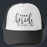 Pretty Modern Calligraphy Team Bride Custom Trucker Hat<br><div class="desc">Team bride trucker hat featuring black modern calligraphy and red heart. This will be perfect for bridal showers,  bachelorette parties,  and other wedding events. Personalise these hats for each guest. This design is available in other products.</div>