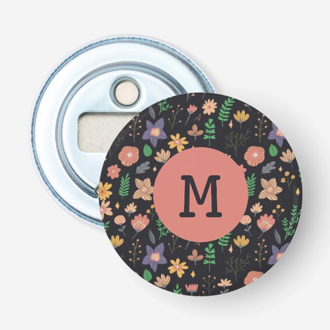 Pretty Modern Dark Floral Pattern Monogram Bottle Opener (Front)