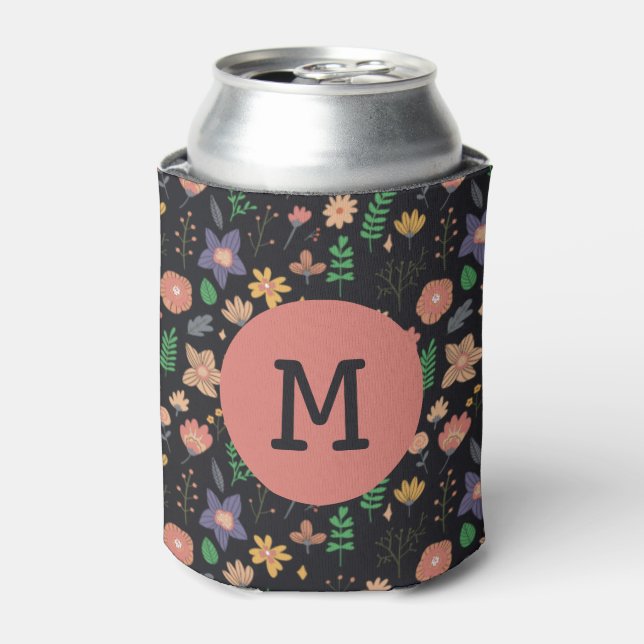 Pretty Modern Dark Floral Pattern Monogram Can Cooler (Can Front)
