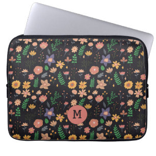 Pretty Modern Dark Floral Pattern Monogram Laptop Sleeve