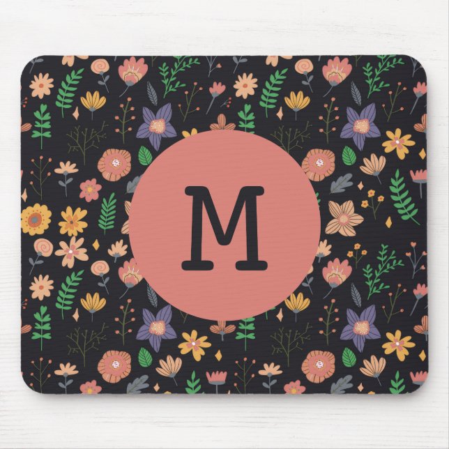 Pretty Modern Dark Floral Pattern Monogram Mouse Mat (Front)