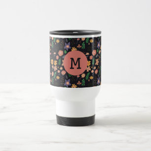 Pretty Modern Dark Floral Pattern Monogram Travel Mug
