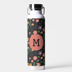 Pretty Modern Dark Floral Pattern Monogram Water Bottle