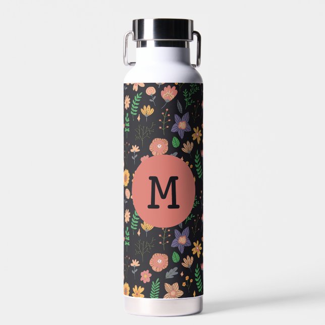 Pretty Modern Dark Floral Pattern Monogram Water Bottle (Front)