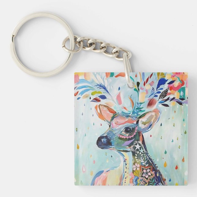 Pretty Modern Deer Art Flower Antlers Key Ring (Front)