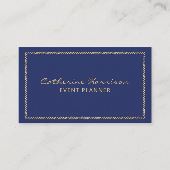 Pretty Modern Elegant Navy Blue and Gold Business Card (Front)