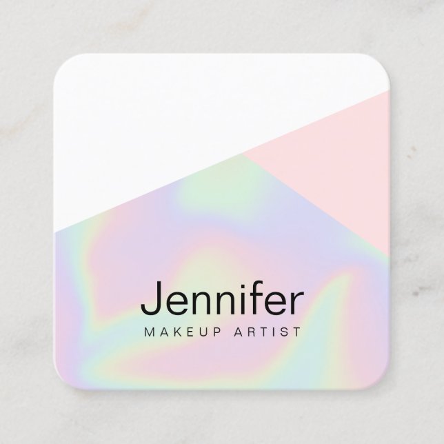 Pretty modern elegant stylish holographic makeup square business card (Front)