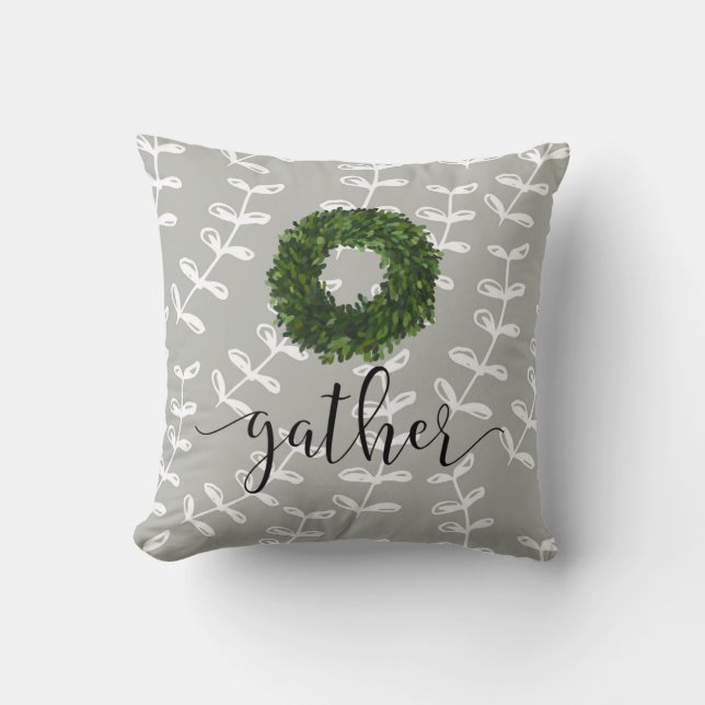 Pretty Modern Farmhouse Script Boxwood Wreath Cushion (Front)
