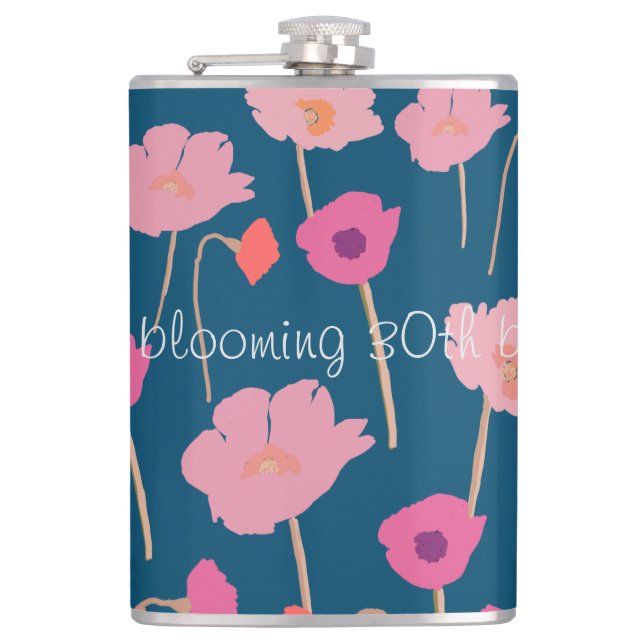 Pretty Modern Floral Birthday With Custom Age Hip Flask (Front)