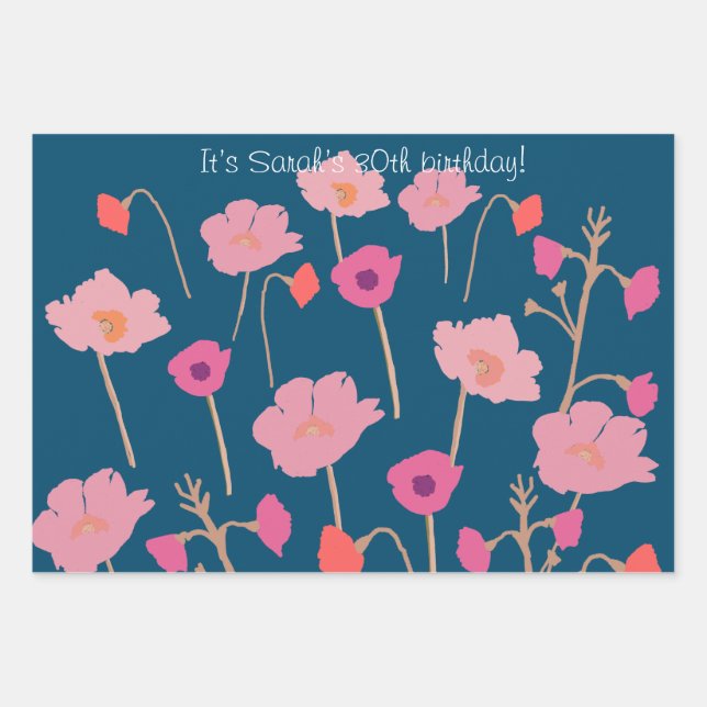 Pretty Modern Floral Birthday With Custom Age Wrapping Paper Sheet (Front)