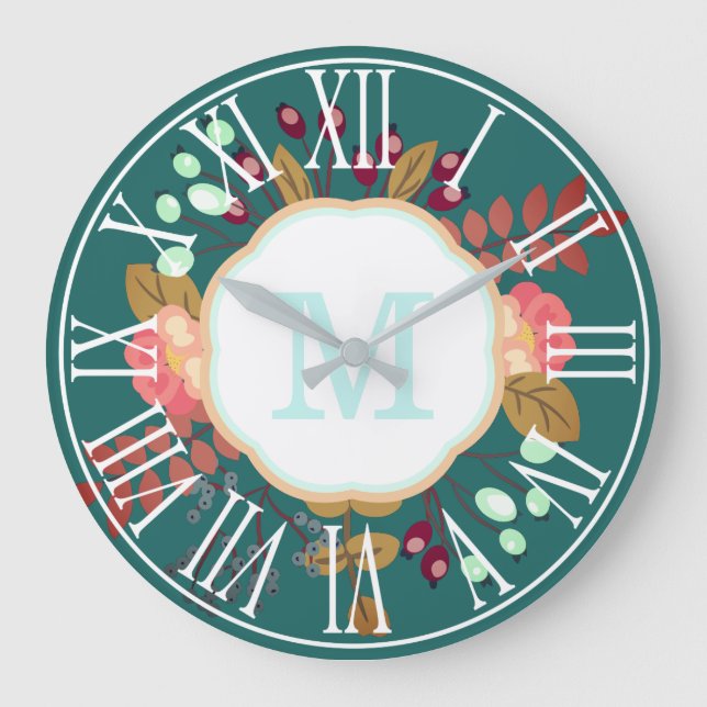 Pretty Modern Floral Collage | Monogram Large Clock (Front)